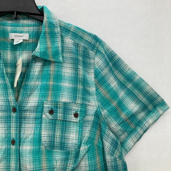 CJ Banks Women's 1X Button Up Short Sleeve Shirt Green Plaid Pockets Country - Picture 3 of 14